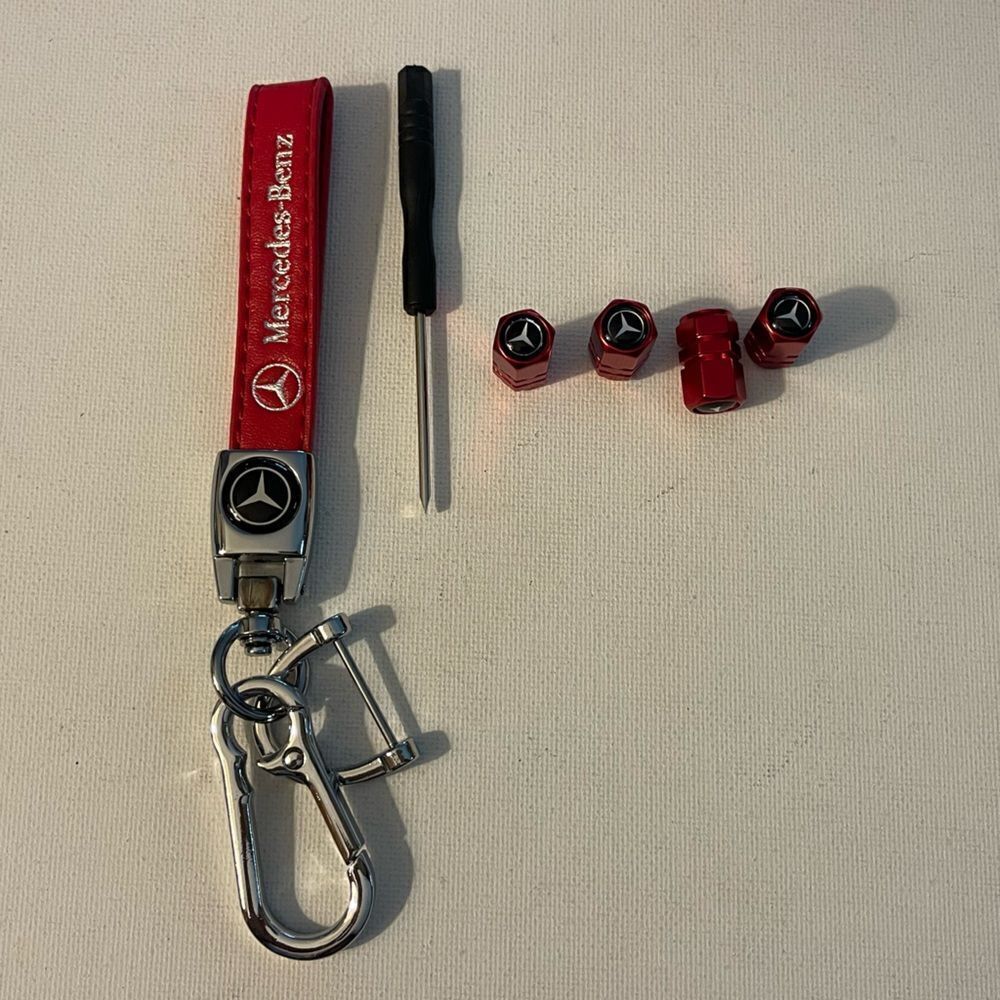 Mercedes Key Fob keychain in Red Leather and Valve Stem Caps in Red NWT